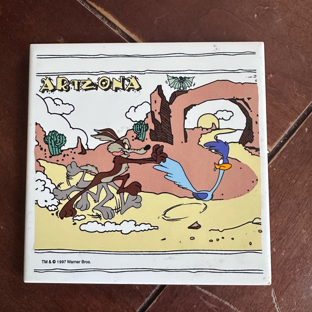 Arizona Roadrunner and Wile E. Coyote Tile Coaster or Trivet, 1997, 6x6